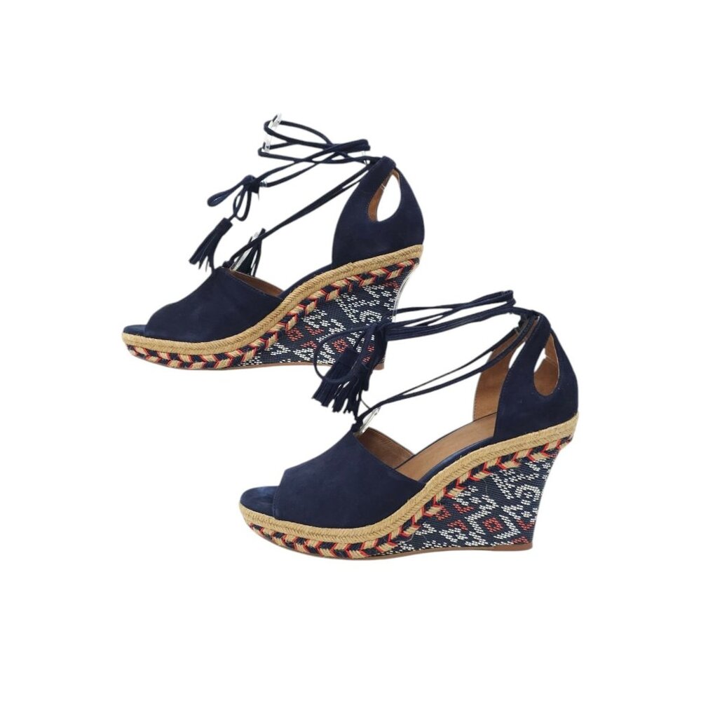 Cabi Isla Espadrille Wedge Sandals Womens 8 M Ankle Wrap Navy Suede Aztec 6001